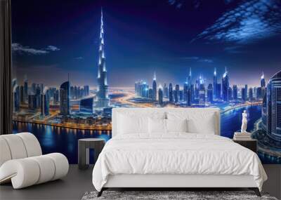 A panoramic view of the Dubai city skyline at night - Generative AI Wall mural