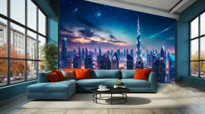 A panoramic view of the Dubai city skyline at night - Generative AI Wall mural