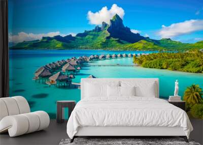 A peaceful and tranquil lagoon in Bora Bora, French Polynesia, with crystal-clear waters and overwater bungalows dotting the shoreline Wall mural