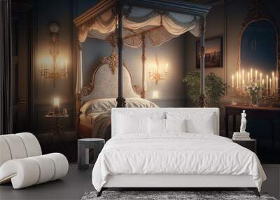 A romantic master bedroom with an ornate four-poster bed and soft lighting - Generative AI Wall mural