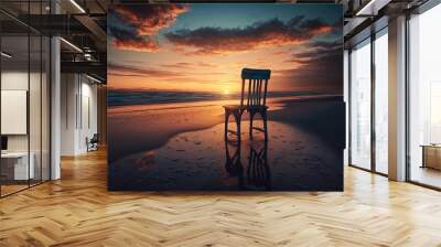 A single chair on a beach with a sunset in the background - Generative AI Wall mural