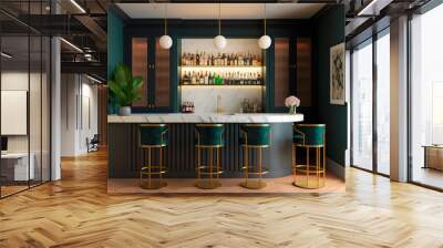 A sophisticated bar area with a marble-topped counter, a built-in wine fridge, and a selection of top-shelf liquors and cocktails - Generative AI Wall mural