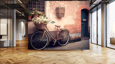 A vintage bicycle with a basket of flowers parked against an old brick wall in a charming European city, illustration - Generative AI Wall mural