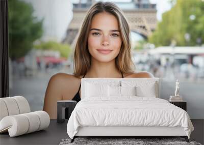 An elegant portrait of a French woman in a chic black dress at a Parisian café with the Eiffel Tower softly out of focus in the background Wall mural