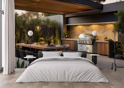 An outdoor entertainment area with a built-in barbecue and a bar setup Wall mural