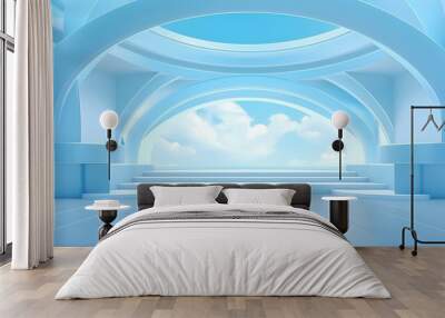 Futuristic Room in Sky Blue Colors with beautiful Lighting. Stunning Background for Product Presentation. Wall mural