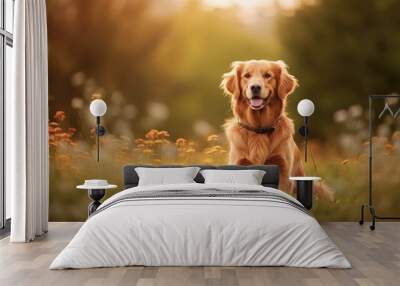 Golden retriever sitting on meadow, golden hour - Generative AI Wall mural