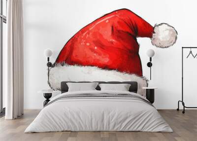 Illustrated Red Santa Hat with White Fur Trim, isolated on a transparent and white background, PNG Wall mural