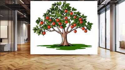 Illustration of an apple tree with green leaves and red apples hanging from the branches on white background Wall mural