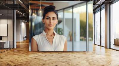 Indian woman with a pretty updo hairstyle, she is standing in a modern house Wall mural