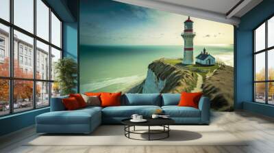 lighthouse on the shore of the sea, cap blanc nez - Generative AI Wall mural