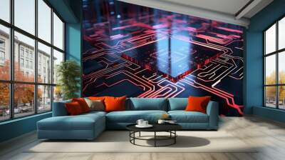 Microchip glowing in Dark Red Colors. Technological and Futuristic Background Wall mural