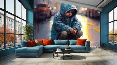 sad boy sitting on the sidewalk in the rain with a hood over her head, illustration - Generative AI Wall mural