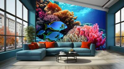 the vibrant coral reefs of the Great Barrier Reef off the coast of Australia, teeming with a rainbow of fish and marine life - Generative AI Wall mural