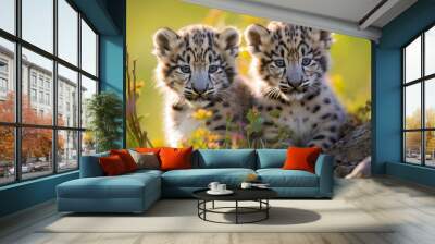 Two young snow leopard cubs in a field of wildflowers. The cubs are sitting side by side and looking directly at the camera Wall mural