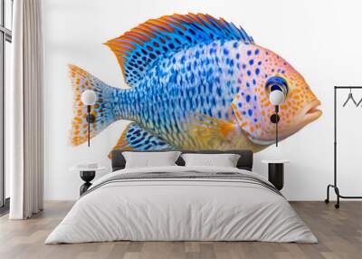 Vibrant tropical fish featuring blue and orange spots with intricate scales and fins, isolated on a transparent and white background, PNG Wall mural