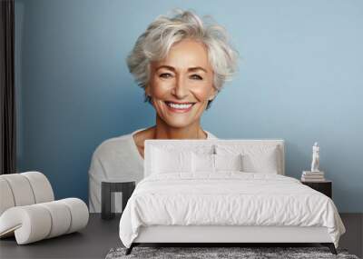 Beautiful gorgeous elderly woman 50s age senior model with grey hair laughing and smiling. Mature old lady close-up portrait. Healthy face skin care beauty, skincare cosmetics, dental, health. Wall mural