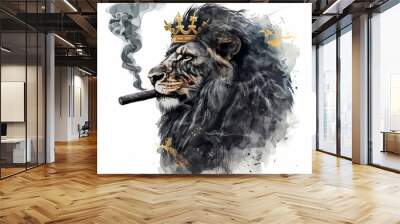 Painting of a black lion king smoking a cigar Wall mural