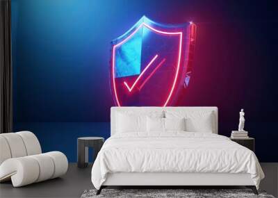 3D rendering blue and red glowing shield with check marks on futuristic blue background. Generative AI Wall mural