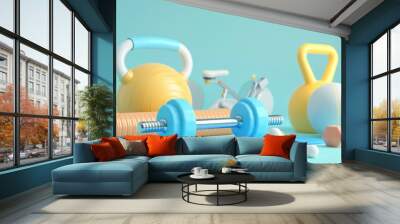 A blue dumbbell resting on a blue mat with a yellow kettlebell, foam roller, and a geometric shape in the background. Wall mural