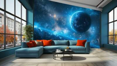 A blue planet with a starry sky and galaxies in the background. Wall mural