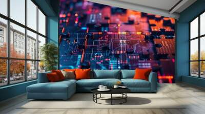 A close-up of a puzzle with a circuit board design, illuminated with warm and cool colors. Wall mural