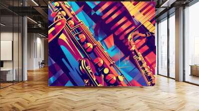 A close-up shot of two saxophones in a colorful, abstract, geometric background. Wall mural