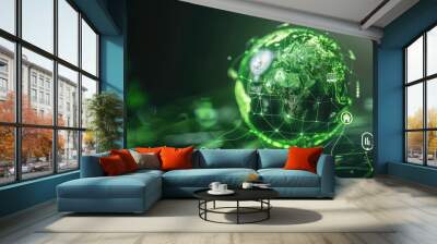 A glowing green globe representing the world, surrounded by a network of lines and dots. It includes various icons such as a home, a person, and a chart. Wall mural