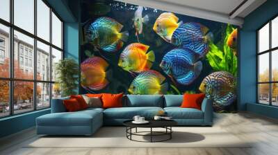 A group of colorful discus fish are swimming in an aquarium, with some floating at the bottom and others near water plants Wall mural