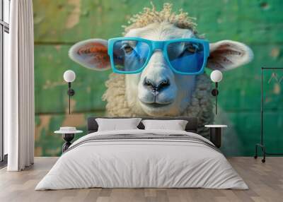 A sheep wearing blue sunglasses looks intently at the camera with a green background. Wall mural