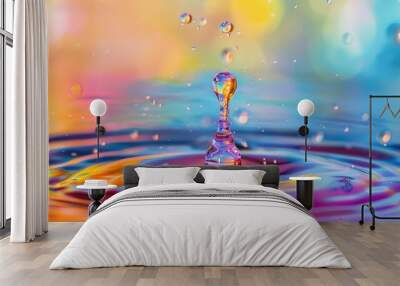 A single water drop creates a colorful ripple effect in a still body of water. Wall mural