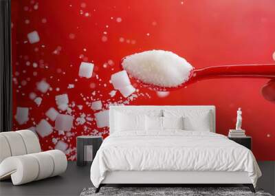 A spoon filled with white sugar with sugar cubes falling around it on a brown background. Wall mural