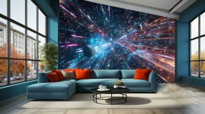 Abstract cosmic background with blurred lights, streaks, and a planet in the distance. Wall mural