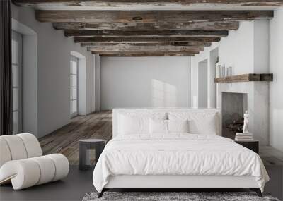 An empty room with white walls, wooden beams and floorboards, a fireplace and two windows. Wall mural