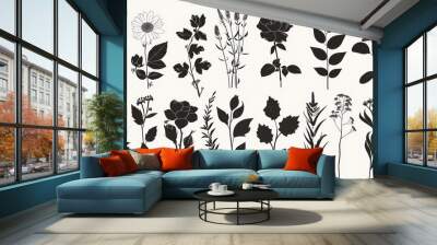 Black and White Silhouette of Different Flower and Grass Illustrations. Wall mural