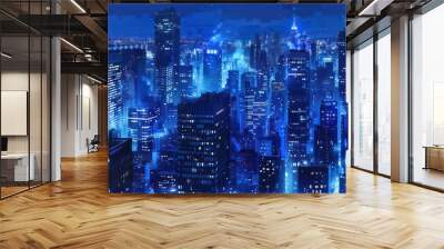 Blue Night Cityscape. A dramatic night-time view of a cityscape bathed in blue tones, highlighting the architectural details and urban glow. Wall mural