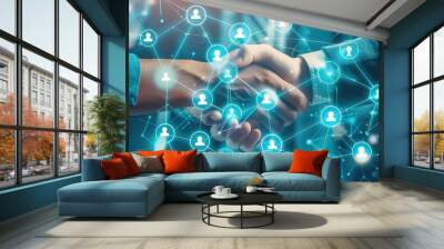 Business handshake with glowing network connections around. Wall mural