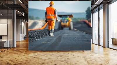 Construction worker in a yellow vest and hard hat walks away from a yellow dump truck on a new asphalt road. Wall mural