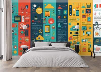 Digital Communication Infographic. A vibrant four-panel infographic banner showcasing a range of digital communication tools and concepts, ideal for professional networking sites Wall mural