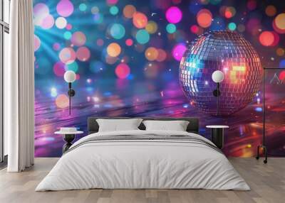 Disco ball sphere with colorful disco lights for party nights. Generative AI Wall mural