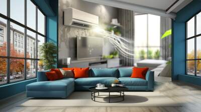 Energy efficient air conditioner with fresh natural in a modern living room. Generative AI Wall mural