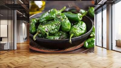 Fresh Padron Peppers Perfect for Grilling or Frying in Olive Oil a Traditional Galician Snack. Generative AI Wall mural