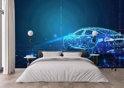 Future EV car electric plug and battery charger blue abstract digital binary code background. Alternative and sustainable energy concept. New futuristic system technology symbol. Wall mural