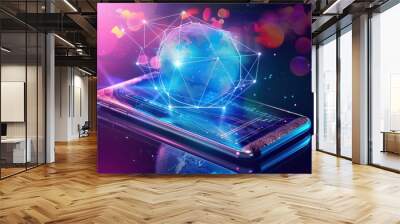 Mobile global internet communications. World wide web on phone via wireless satellite network technology. Smartphone digital connection at clouds services of all earth. Holographic abstract interface Wall mural