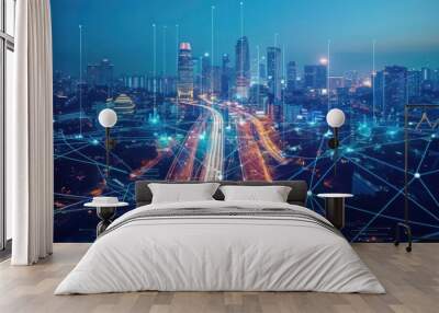 Modern city and smart transportation and intelligent communication network of things ,wireless connection technologies for business Wall mural