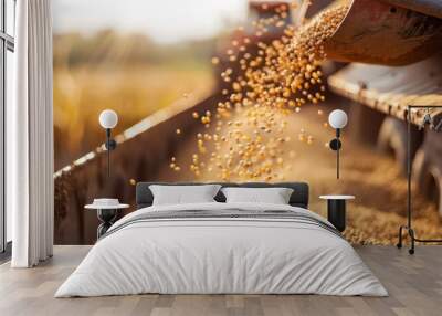 Pouring soy bean grain into tractor trailer after harvest at field. Generative AI Wall mural