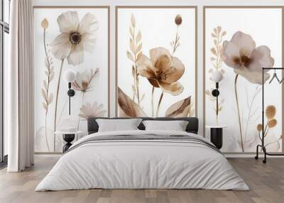 Set of three abstract floral art prints in brown and beige tones with white background. Wall mural