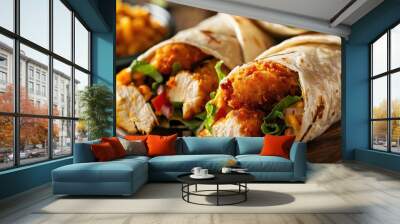 Two crispy chicken wraps with lettuce, tomato, red onion and a yellow sauce on a wooden surface. Wall mural