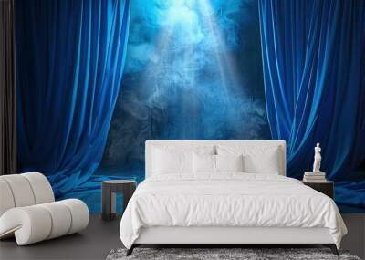 Two deep purple curtains are drawn back to reveal a stage bathed in a spotlight. The spotlight shines through a wispy, blue smoke, highlighting the wooden floor. Wall mural