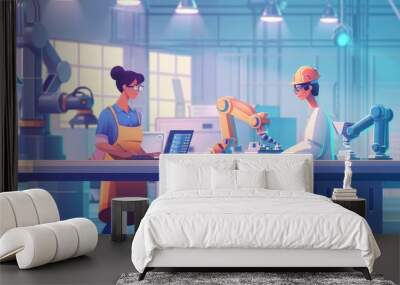 Two engineers working in a modern factory, one woman using a laptop and the other operating a robotic arm, illustrating the integration of technology and human expertise in the workplace. Wall mural